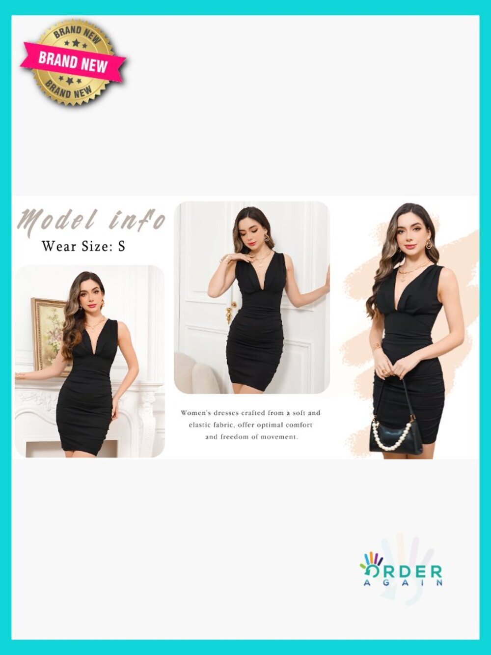 Sexy Deep V Neck Ruched Bodycon Mini Club Dress Sleeveless Slim Fit Party - Picture 5 of 7